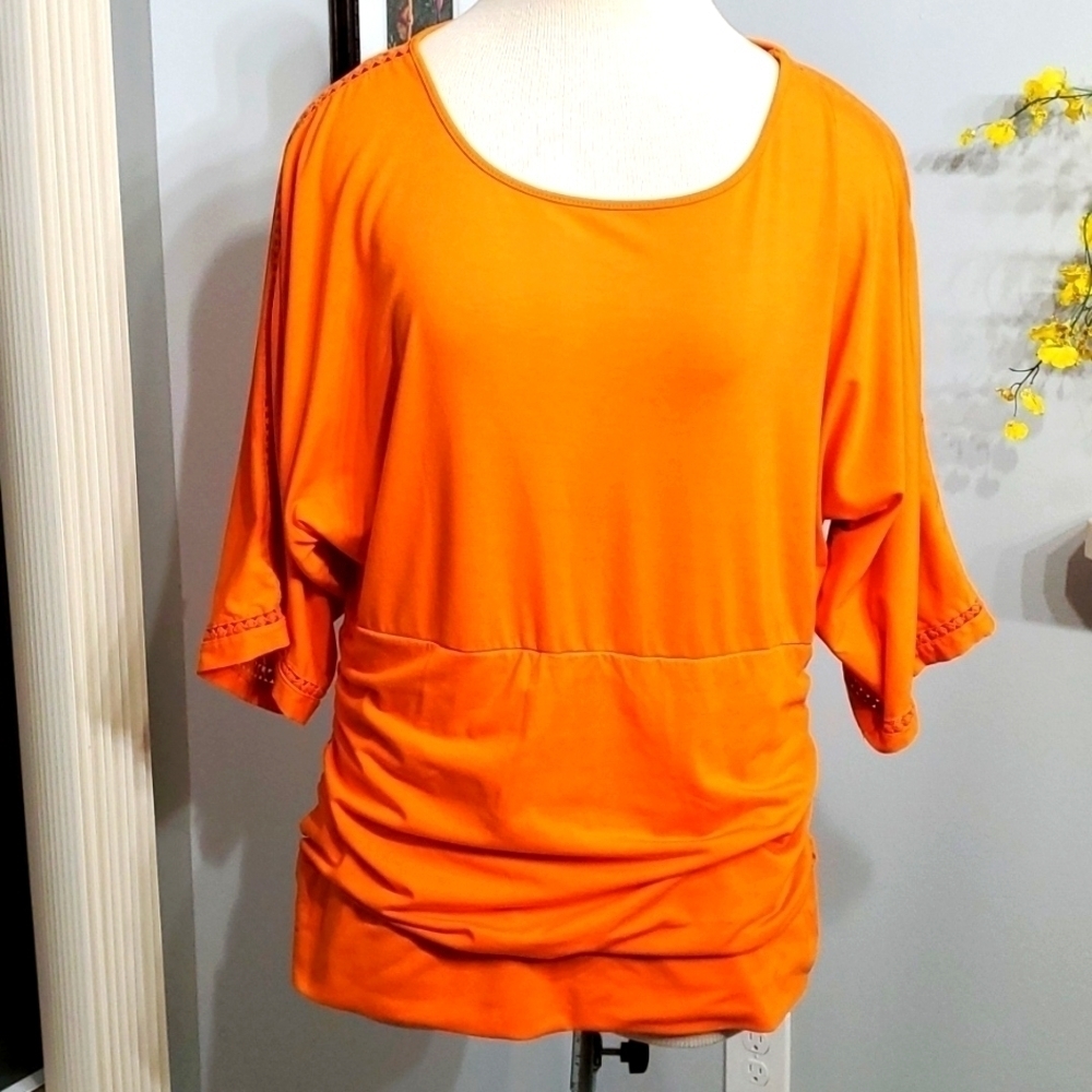 Peter‎ Nygard Ruched Batwing Top Womens Size L Orange Crochet Trim Jersey Knit